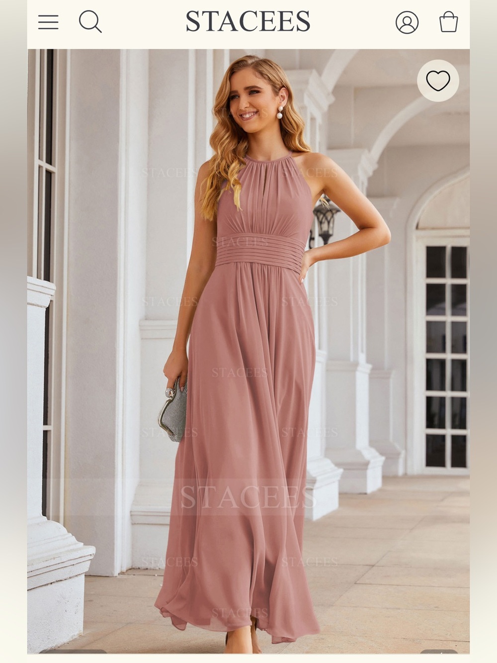 STACEES A-line Floor-Length Halter Chiffon Bridesmaid Dress Dusty Rose US16 NWT